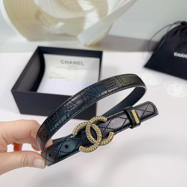 CC BELT 20 MM IN BLACK EMBROIDERED CALFSKIN WITH GOLD HARDWARE