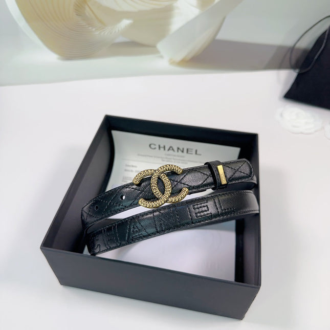 CC BELT 20 MM IN BLACK EMBROIDERED CALFSKIN WITH GOLD HARDWARE