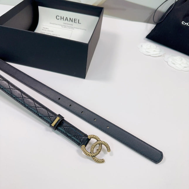 CC BELT 20 MM IN BLACK EMBROIDERED CALFSKIN WITH GOLD HARDWARE
