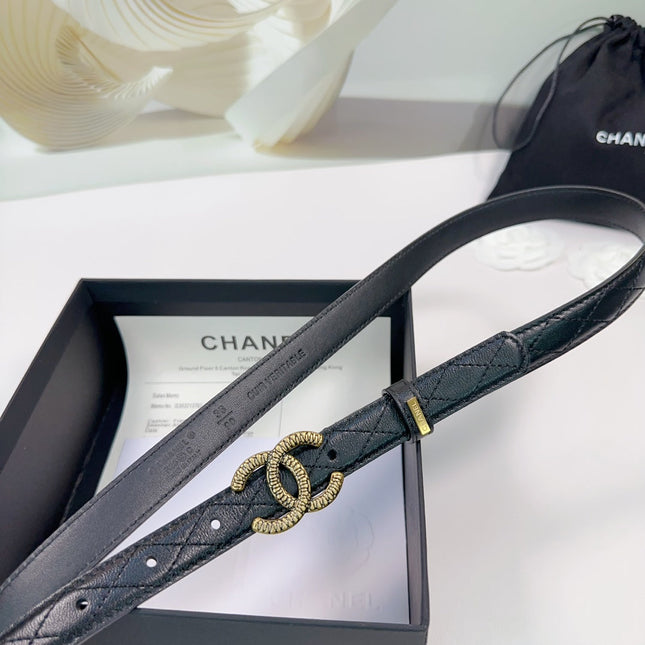 CC BELT 20 MM IN BLACK EMBROIDERED CALFSKIN WITH GOLD HARDWARE