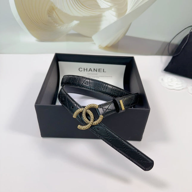 CC BELT 20 MM IN BLACK EMBROIDERED CALFSKIN WITH GOLD HARDWARE