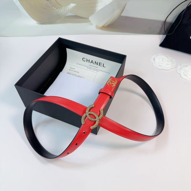 CC BELT 20 MM IN CHERRY RED CALFSKIN WITH GOLD BUCKLE AND LOGO