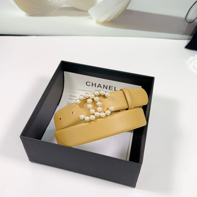 CC BELT 30 MM IN AMBER YELLOW SMOOTH CALFSKIN WITH GOLD HARDWARE ATTACH PEARL