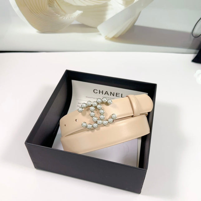 CC BELT 30 MM IN BISQUE BEIGE SMOOTH CALFSKIN WITH SILVER HARDWARE ATTACH PEARL