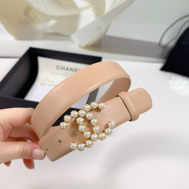 CC BELT 30 MM IN FRENCH BEIGE SMOOTH CALFSKIN WITH GOLD HARDWARE ATTACH PEARL