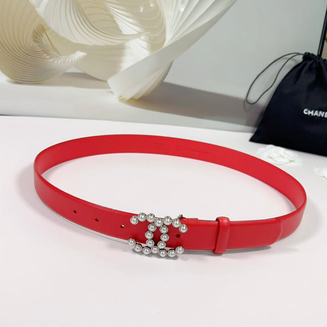 CC BELT 30 MM IN CRIMSON RED SMOOTH CALFSKIN WITH SILVER HARDWARE ATTACH PEARL