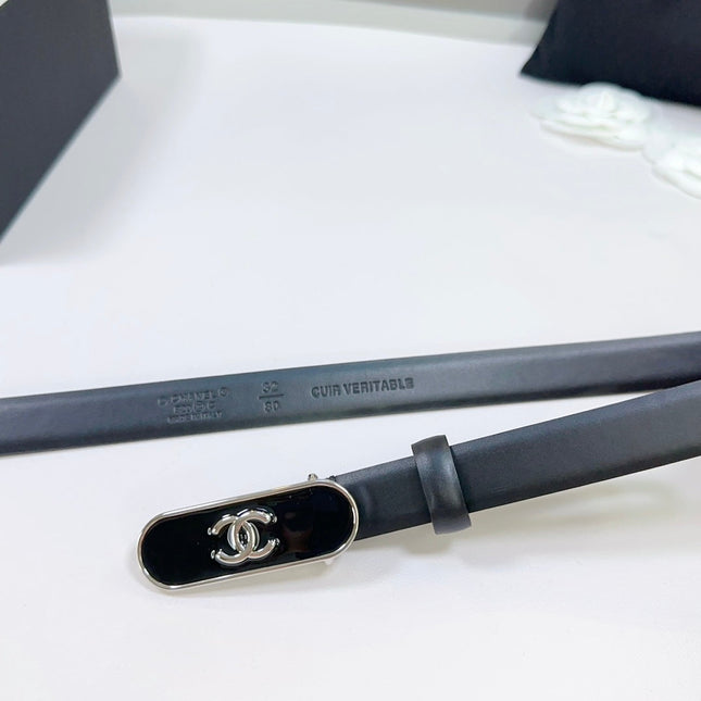 CC BELT 20 MM IN BLACK CALFSKIN WITH SILVER MIX BLACK METAL BUCKLE