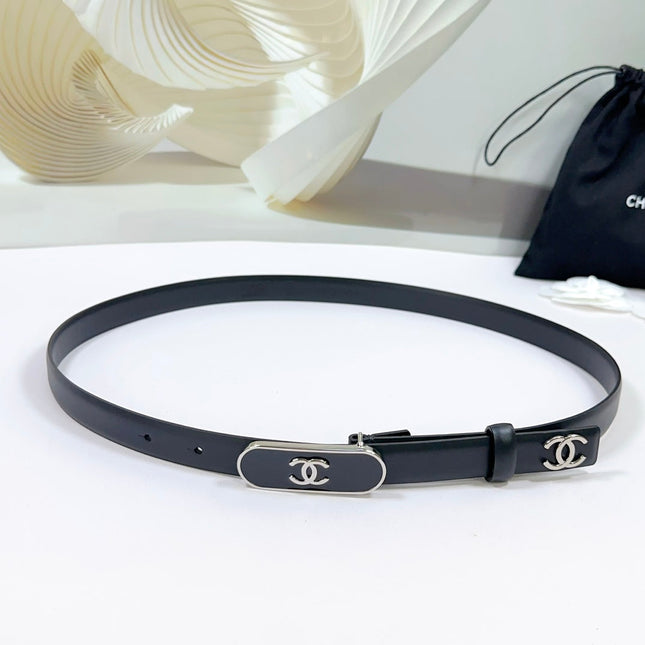 CC BELT 20 MM IN BLACK CALFSKIN WITH SILVER MIX BLACK METAL BUCKLE
