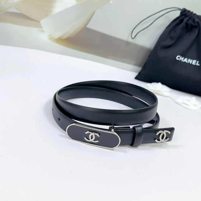CC BELT 20 MM IN BLACK CALFSKIN WITH SILVER MIX BLACK METAL BUCKLE