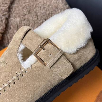 COLORADO COMFORT MARY JANE IN KHAKI BROWN SUEDE AND SHEARLING LINING