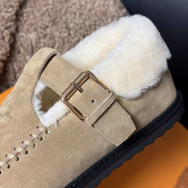 COLORADO COMFORT MARY JANE IN KHAKI BROWN SUEDE AND SHEARLING LINING