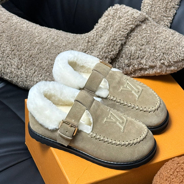 COLORADO COMFORT MARY JANE IN KHAKI BROWN SUEDE AND SHEARLING LINING