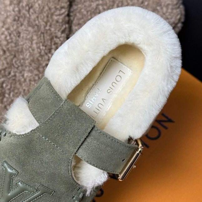 COLORADO COMFORT MARY JANE IN BASIL GREEN SUEDE AND SHEARLING LINING