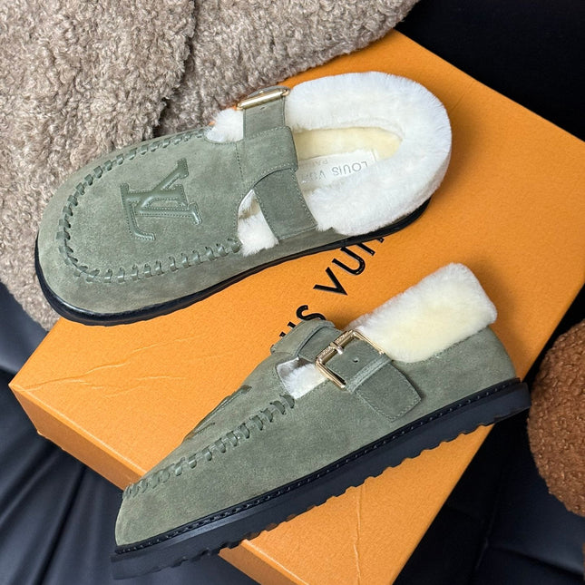 COLORADO COMFORT MARY JANE IN BASIL GREEN SUEDE AND SHEARLING LINING