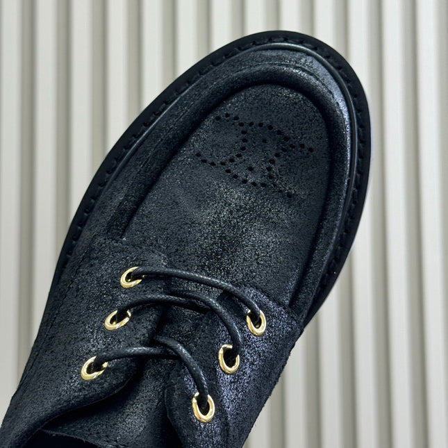 CELINE 25S THICK SOLED LOAFERS IN BLACK CALFSKIN SUEDE