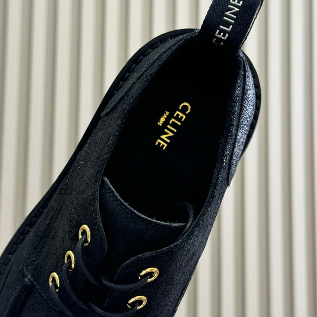 CELINE 25S THICK SOLED LOAFERS IN BLACK CALFSKIN SUEDE