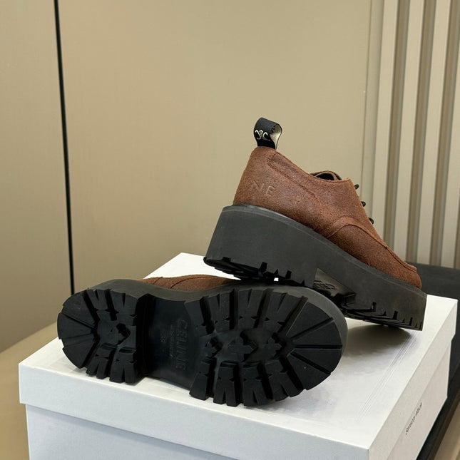 CELINE 25S THICK SOLED LOAFERS IN BROWN CALFSKIN SUEDE
