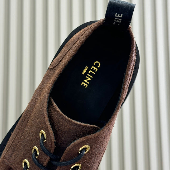 CELINE 25S THICK SOLED LOAFERS IN BROWN CALFSKIN SUEDE