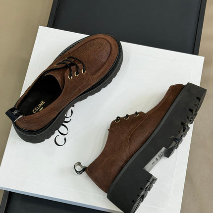 CELINE 25S THICK SOLED LOAFERS IN BROWN CALFSKIN SUEDE