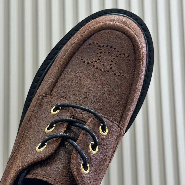 CELINE 25S THICK SOLED LOAFERS IN BROWN CALFSKIN SUEDE