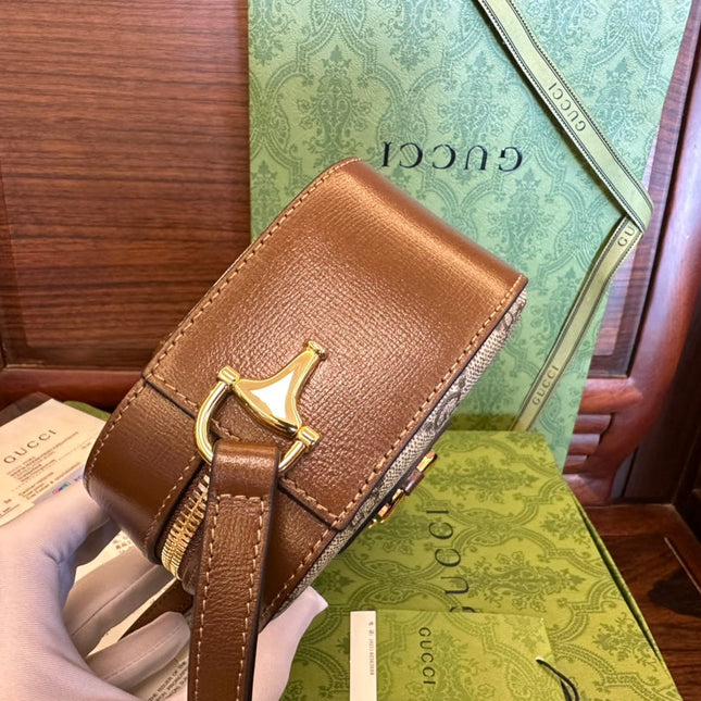 GG 20 HORSEBIT 1955 SMALL BAG IN BEIGE CANVAS AND BROWN CALFSKIN