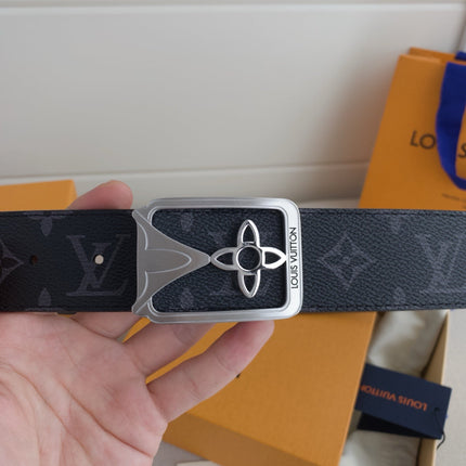BELT 40MM REVERSIBLE IN BLACK TAURILLON CALFSKIN GREY LOGO AND SILVER BUCKLE
