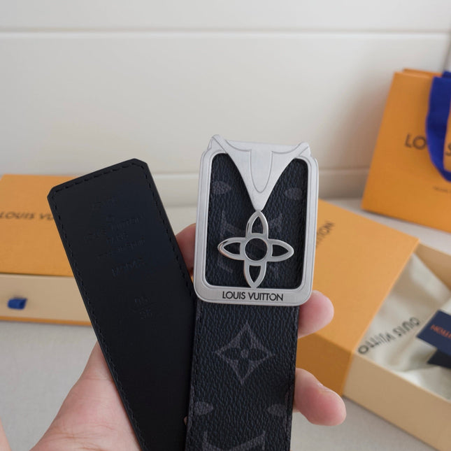 BELT 40MM REVERSIBLE IN BLACK TAURILLON CALFSKIN GREY LOGO AND SILVER BUCKLE