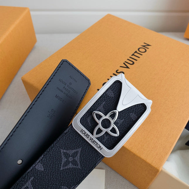 BELT 40MM REVERSIBLE IN BLACK TAURILLON CALFSKIN GREY LOGO AND SILVER BUCKLE