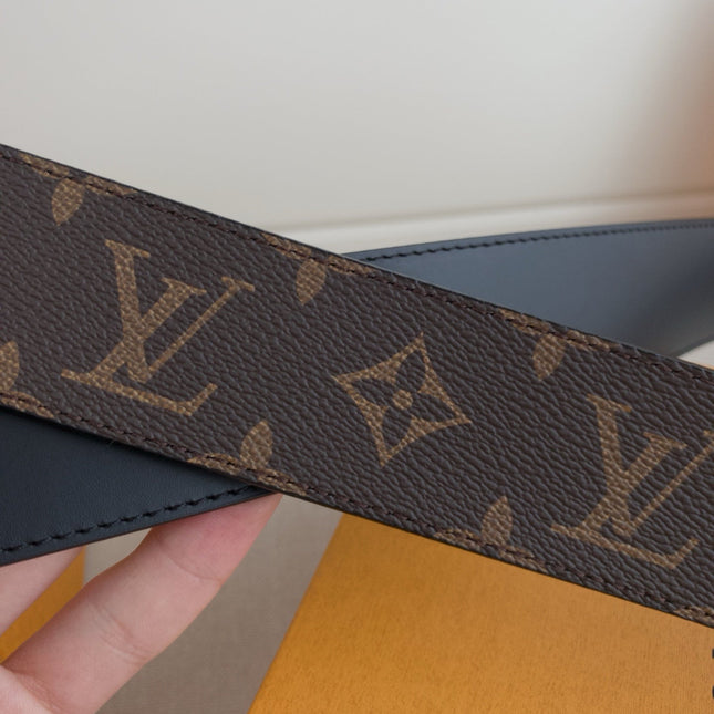 BELT 40MM REVERSIBLE IN BROWN AND BLACK TAURILLON CALFSKIN WITH LOGO PRINT AND GOLD LV BUCKLE