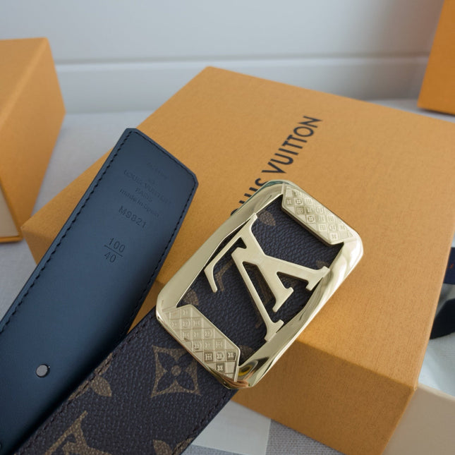 BELT 40MM REVERSIBLE IN BROWN AND BLACK TAURILLON CALFSKIN WITH LOGO PRINT AND GOLD LV BUCKLE