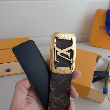 BELT 40MM REVERSIBLE IN BROWN AND BLACK TAURILLON CALFSKIN WITH LOGO PRINT AND GOLD LV BUCKLE