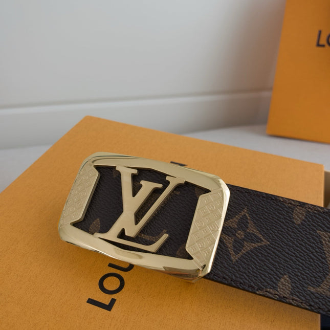 BELT 40MM REVERSIBLE IN BROWN AND BLACK TAURILLON CALFSKIN WITH LOGO PRINT AND GOLD LV BUCKLE