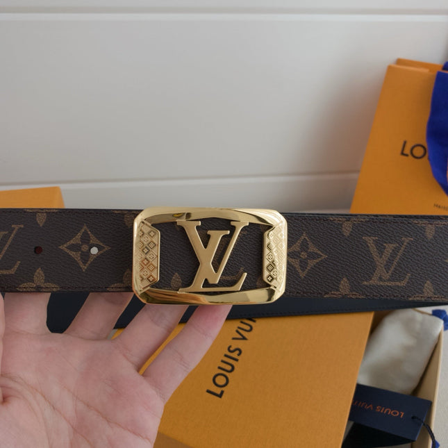 BELT 40MM REVERSIBLE IN BROWN AND BLACK TAURILLON CALFSKIN WITH LOGO PRINT AND GOLD LV BUCKLE