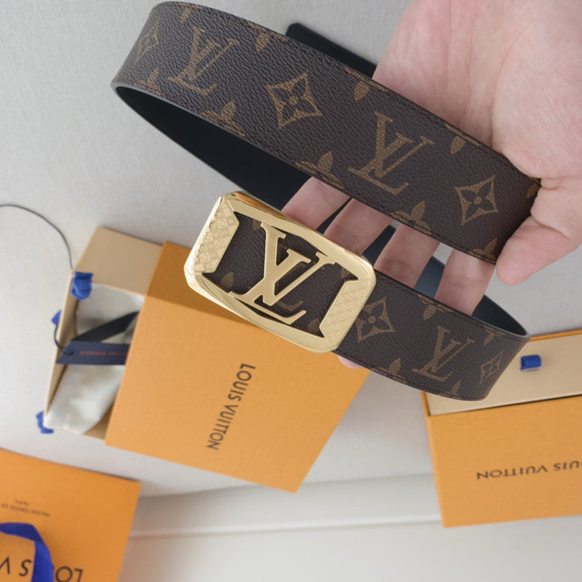 BELT 40MM REVERSIBLE IN BROWN AND BLACK TAURILLON CALFSKIN WITH LOGO PRINT AND GOLD LV BUCKLE