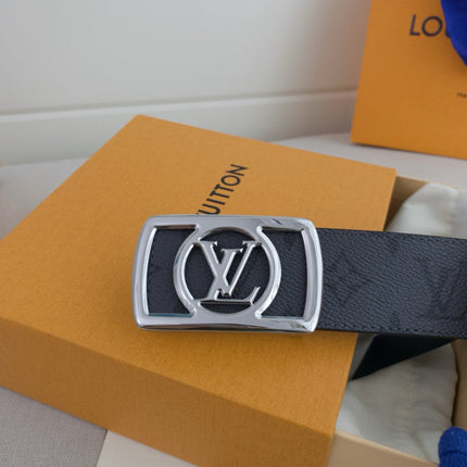 BELT 40MM IN GREY TAURILLON CALFSKIN WITH LOGO PRINT AND SILVER BUCKLE WITH ROUND LOGO CENTER
