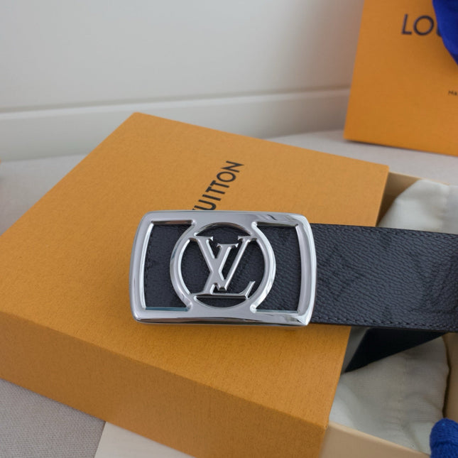 BELT 40MM IN GREY TAURILLON CALFSKIN WITH LOGO PRINT AND SILVER BUCKLE WITH ROUND LOGO CENTER