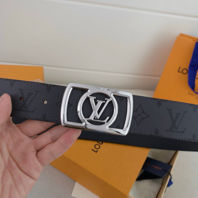 BELT 40MM IN GREY TAURILLON CALFSKIN WITH LOGO PRINT AND SILVER BUCKLE WITH ROUND LOGO CENTER
