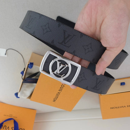 BELT 40MM IN GREY TAURILLON CALFSKIN WITH LOGO PRINT AND SILVER BUCKLE WITH ROUND LOGO CENTER