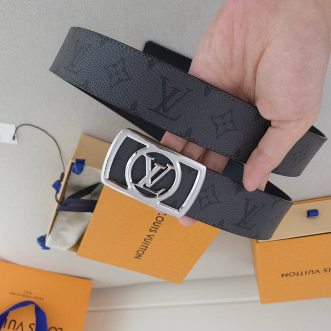 BELT 40MM IN GREY TAURILLON CALFSKIN WITH LOGO PRINT AND SILVER BUCKLE WITH ROUND LOGO CENTER