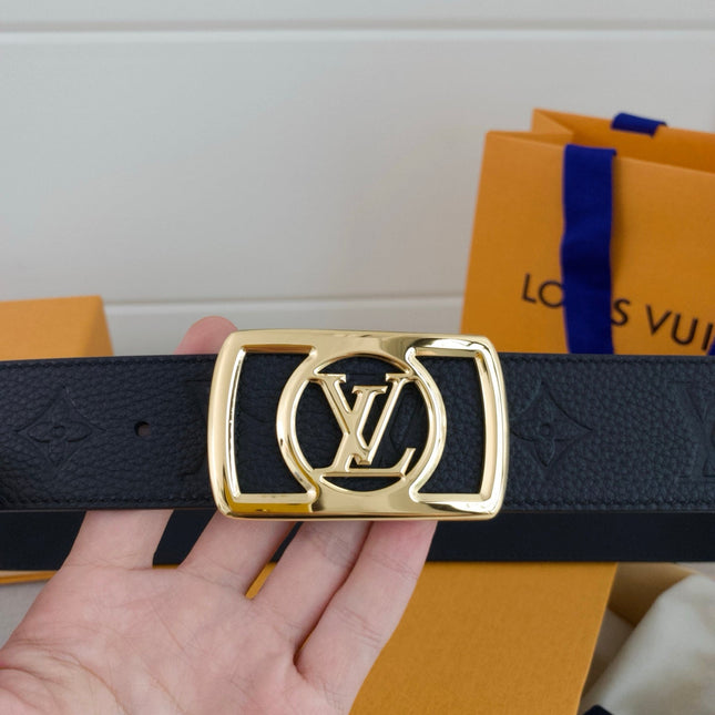 BELT 40MM IN BLACK TAURILLON CALFSKIN WITH EMBOSSED LOGO AND GOLD BUCKLE WITH ROUND LOGO CENTER