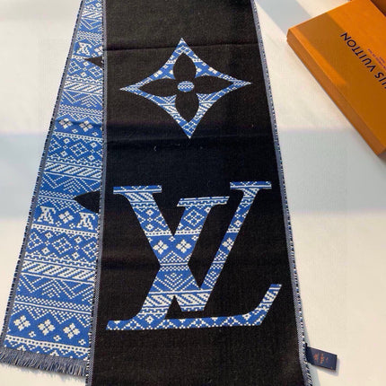 SCARF 200 CM IN BLACK MIX BLUE WOOL 390040