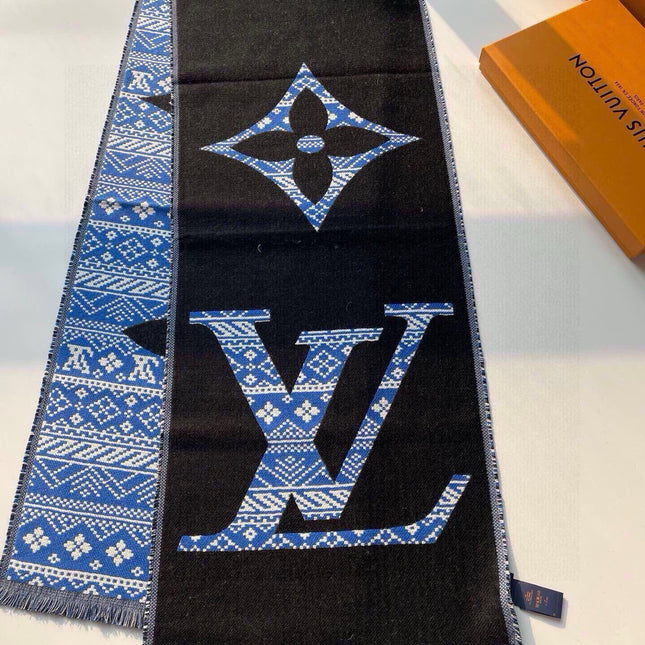 SCARF 200 CM IN BLACK MIX BLUE WOOL 390040