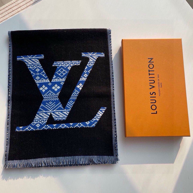 SCARF 200 CM IN BLACK MIX BLUE WOOL 390040