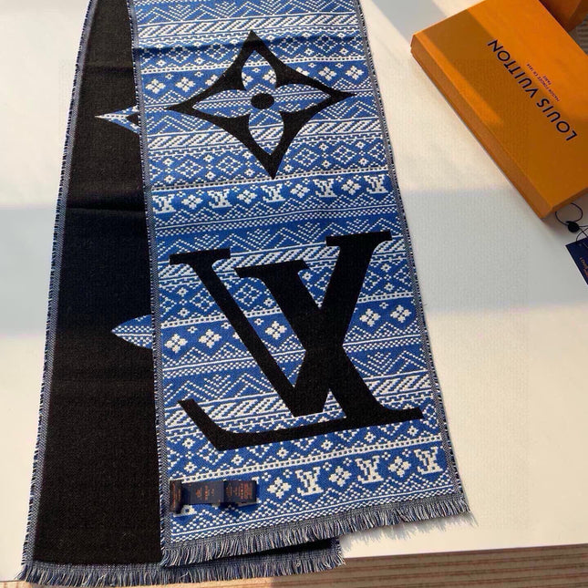 SCARF 200 CM IN BLACK MIX BLUE WOOL 390040