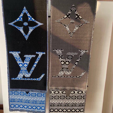 SCARF 200 CM IN BLACK MIX BLUE WOOL 390040