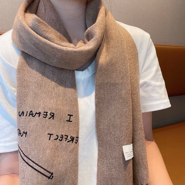SCARF 180 CM IN CAMEL BEIGE LAMBSWOOL WITH BLACK LETTER 394446