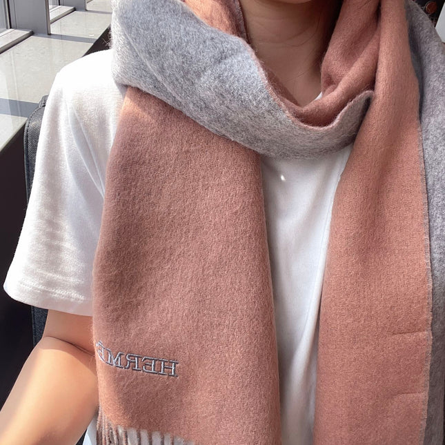 DOUBLE-FACE STOLE SCARF 180 CM IN PALE ORANGE MIX DOLPHIN GRAY CASHMERE 394460