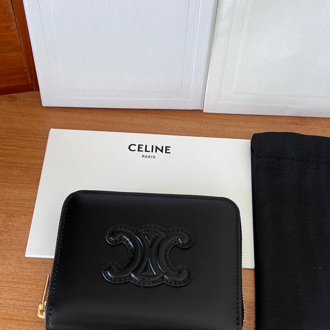 CELINE 25S TRIOMPHE COMPACT ZIPPED WALLET 11 IN BLACK CALFSKIN GOLD HARDWARE