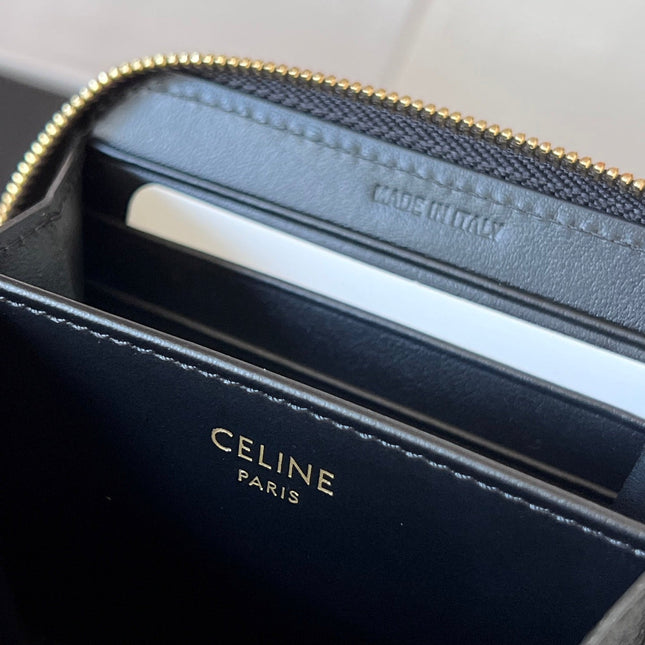 CELINE 25S TRIOMPHE COMPACT ZIPPED WALLET 11 IN BLACK CALFSKIN GOLD HARDWARE