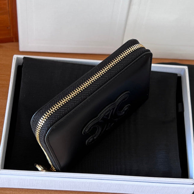 CELINE 25S TRIOMPHE COMPACT ZIPPED WALLET 11 IN BLACK CALFSKIN GOLD HARDWARE